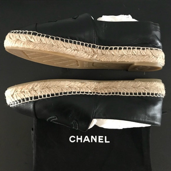 CHANEL BLACK LAMBSKIN LEATHER ESPADRILLES FLATS 38 - Picture 5 of 8